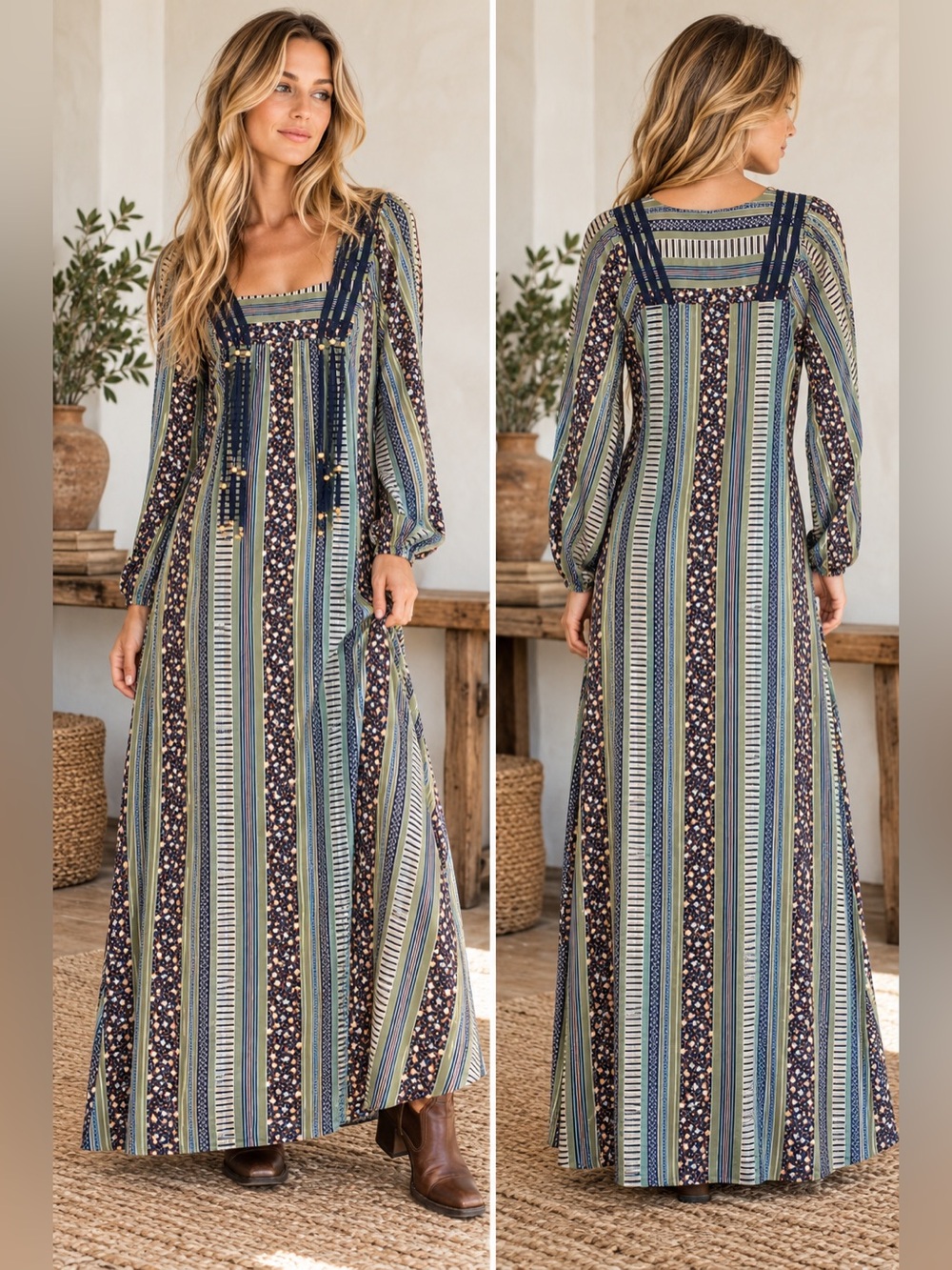 Vintage Kooky Renaissance Maxi Dress NZ Boho Floral Stripe XS